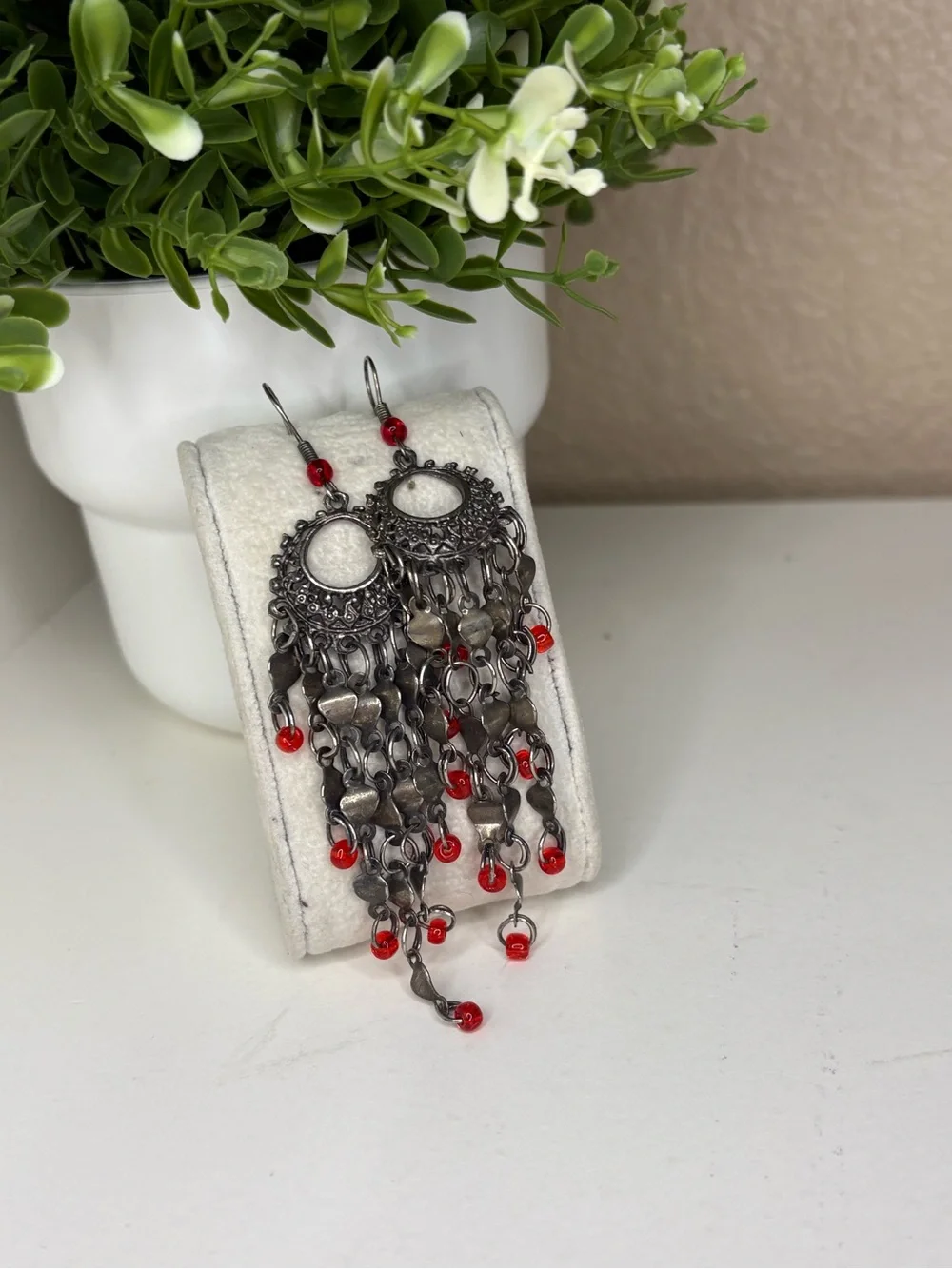 Vintage Boho Silver Chandelier Dangle Earrings Red Bead Fringe Statement